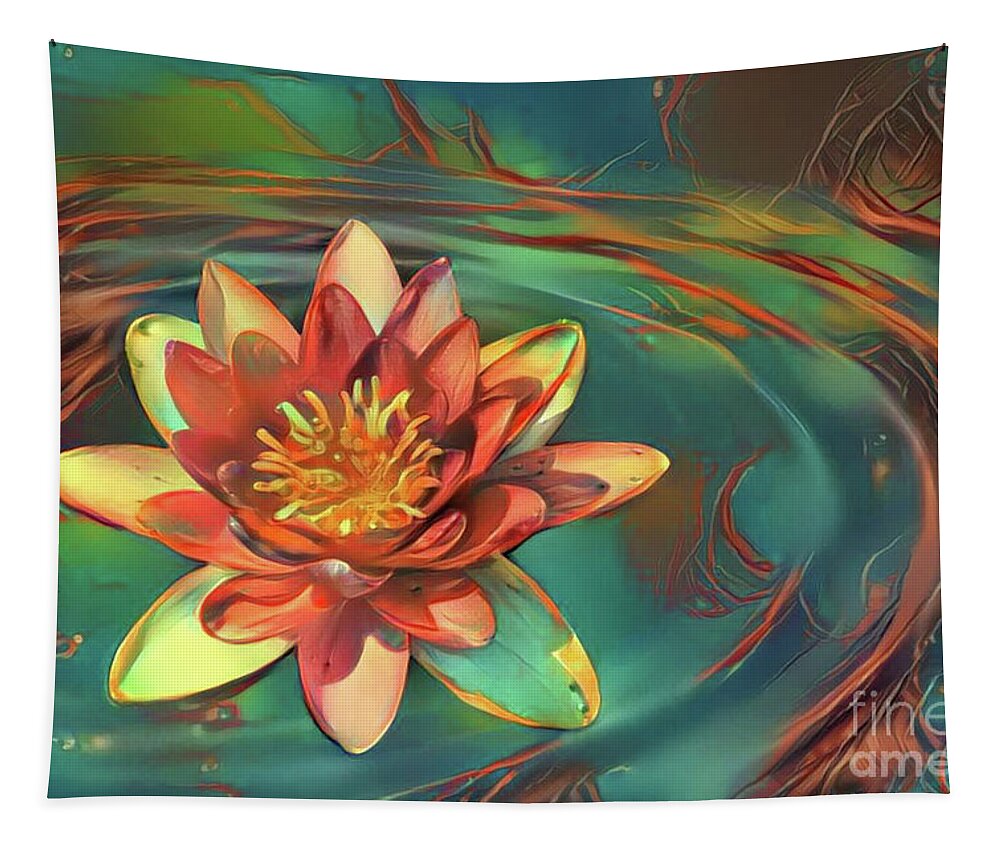 Aquatic Plant Tapestry featuring the digital art Teal and Peach Waterlilies #1 by Amy Cicconi