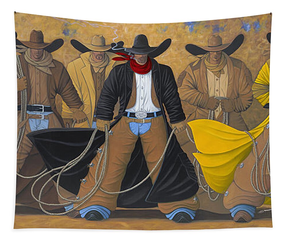 Large Cowboy Painting Of Six Cowboys. Tapestry featuring the painting The Posse by Lance Headlee