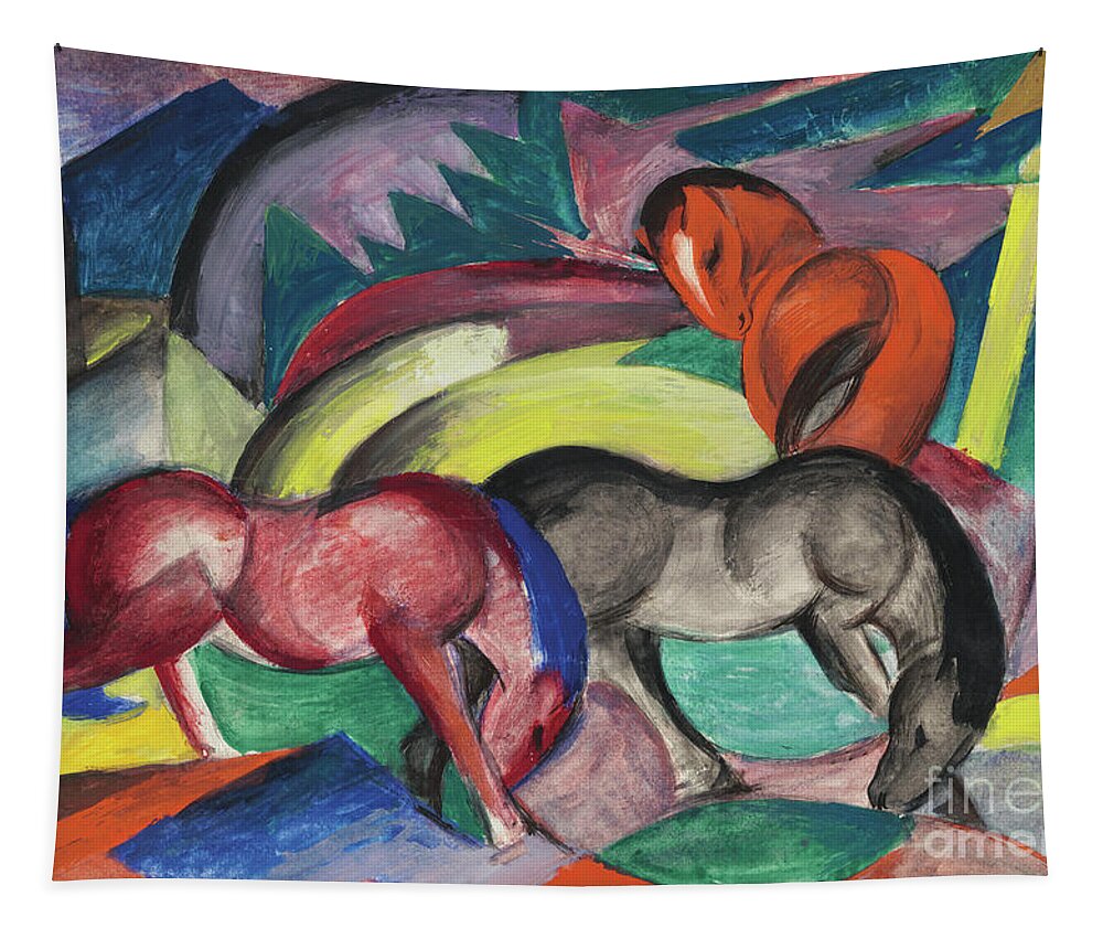 Franz Marc Tapestry featuring the painting Three Horses, 1912 by Franz Marc