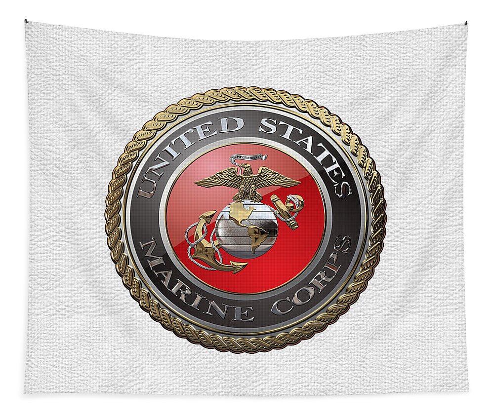 'usmc' Collection By Serge Averbukh Tapestry featuring the digital art U. S. Marine Corps - U S M C Emblem over White Leather by Serge Averbukh