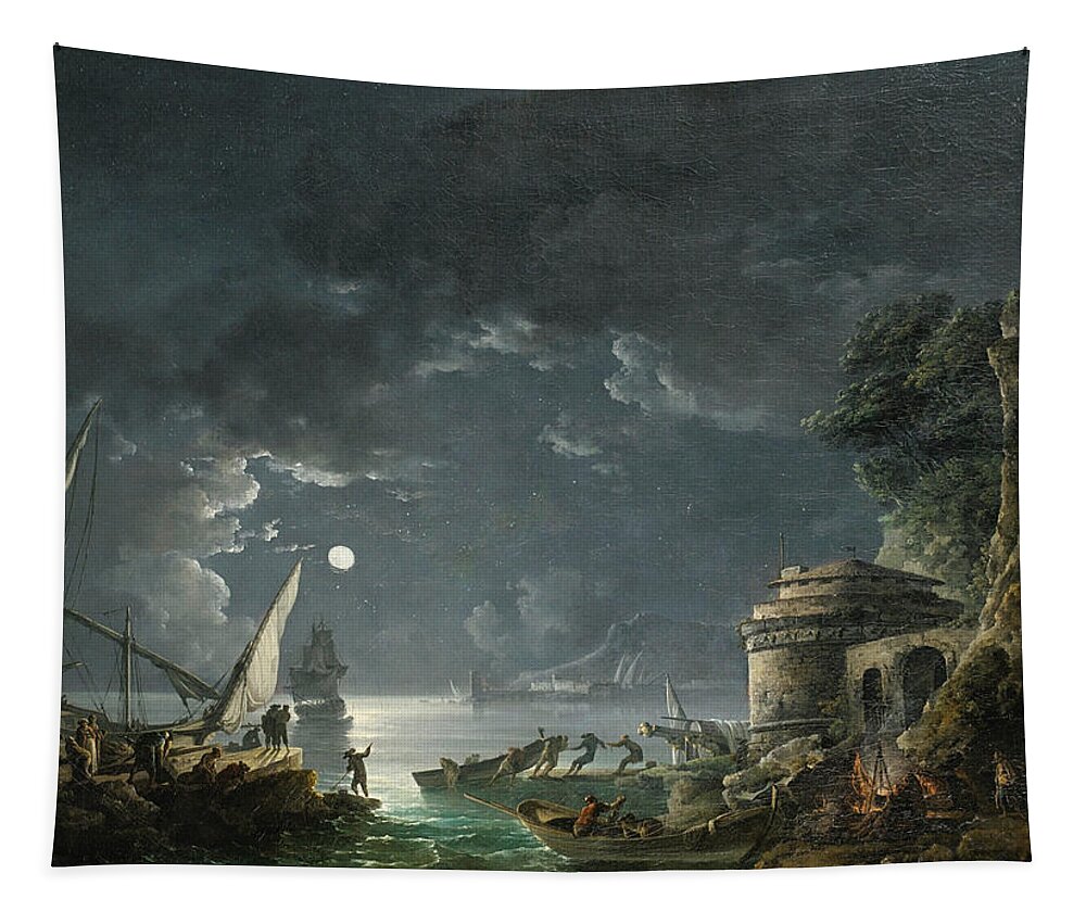 Carlo Bonavia Tapestry featuring the painting View of a Moonlit Mediterranean Harbor #1 by Carlo Bonavia
