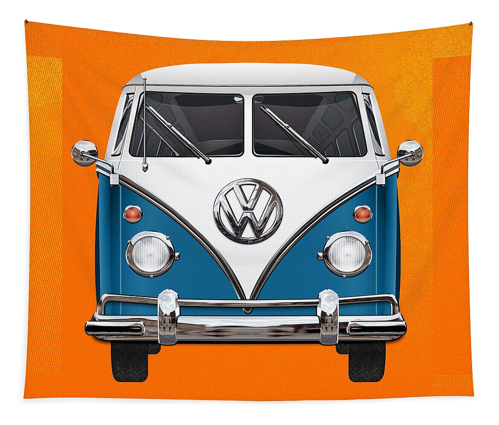 'volkswagen Type 2' Collection By Serge Averbukh Tapestry featuring the photograph Volkswagen Type 2 - Blue and White Volkswagen T 1 Samba Bus over Orange Canvas by Serge Averbukh