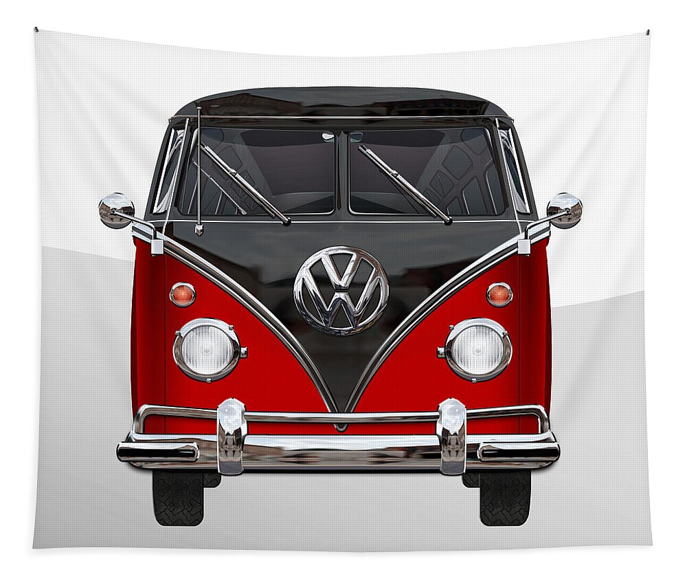 'volkswagen Type 2' Collection By Serge Averbukh Tapestry featuring the photograph Volkswagen Type 2 - Red and Black Volkswagen T 1 Samba Bus on White by Serge Averbukh