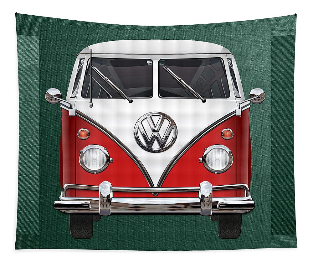 'volkswagen Type 2' Collection By Serge Averbukh Tapestry featuring the photograph Volkswagen Type 2 - Red and White Volkswagen T 1 Samba Bus over Green Canvas by Serge Averbukh