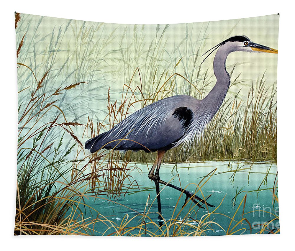 Great Blue Heron Tapestry featuring the painting Wetland Beauty by James Williamson