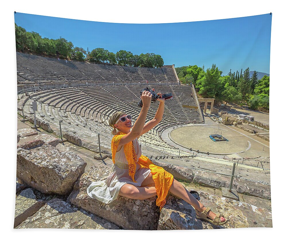 Greece Tapestry featuring the pyrography Woman photographer selfie #1 by Benny Marty