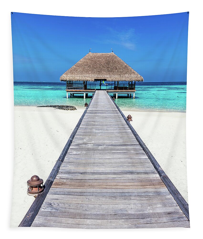 Maldives Tapestry featuring the photograph Wooden jetty leading to relaxation lodge. Maldives islands #1 by Michal Bednarek