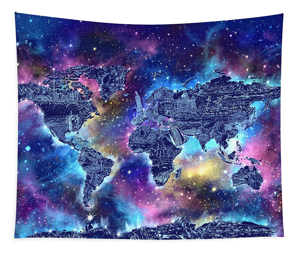 World Map Tapestry featuring the digital art World Map Galaxy 4 #1 by Bekim M
