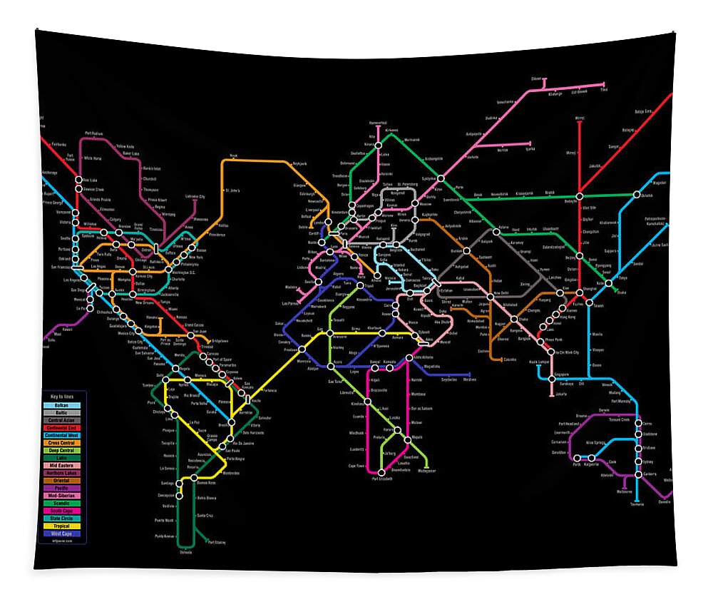 World Map Tapestry featuring the digital art World Metro Map by Michael Tompsett