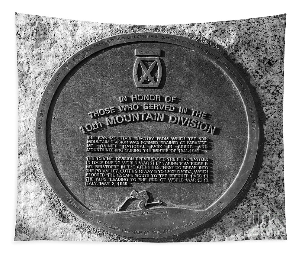 10th Mountain Division Plaque Mount Rainier National Park Washington Tapestry featuring the photograph 10th Mountain Division by David Lee Thompson