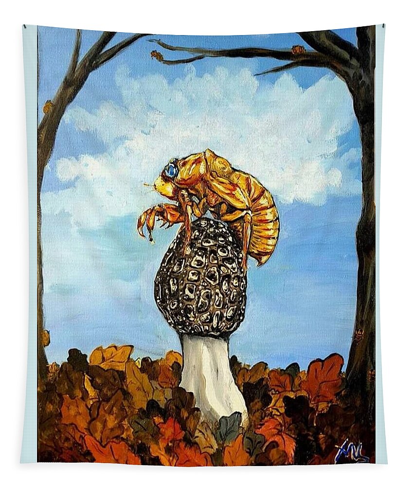 Morel Tapestry featuring the painting 17 year Cicada With Morel by Alexandria Weaselwise Busen