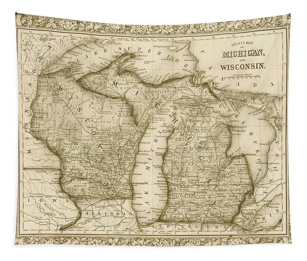 1800s Tapestry featuring the digital art 1800s Historical Michigan and Wisconsin Map Sepia by Toby McGuire