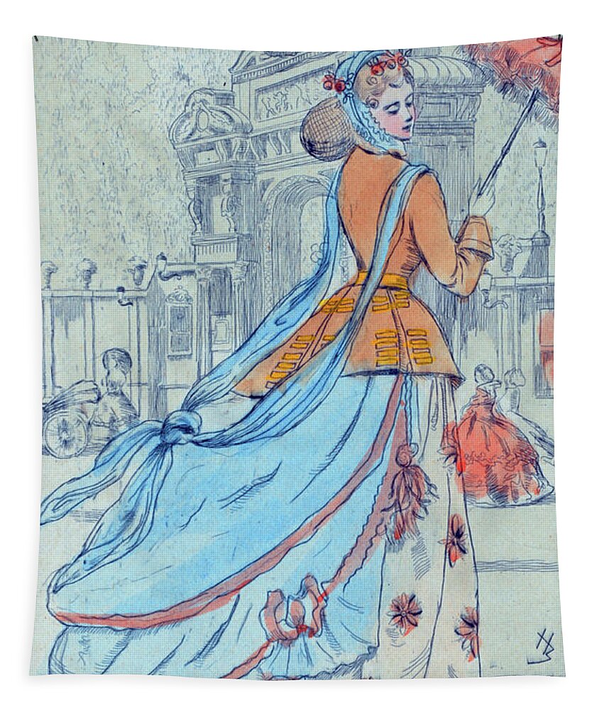 1868 Tapestry featuring the drawing 1868 Paris France Fashion Drawing by Movie Poster Prints