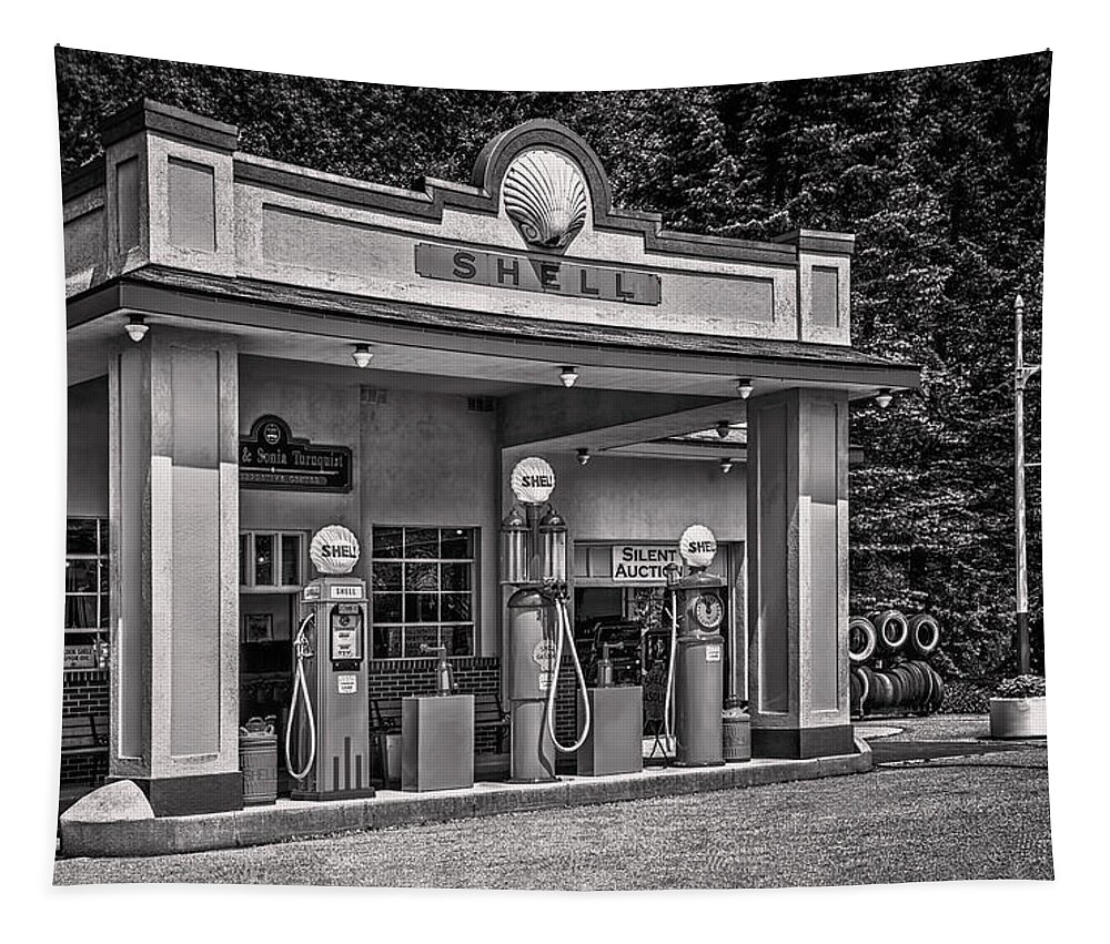 Antique Tapestry featuring the photograph 1930s Shell Gas Station BW by LeeAnn McLaneGoetz McLaneGoetzStudioLLCcom