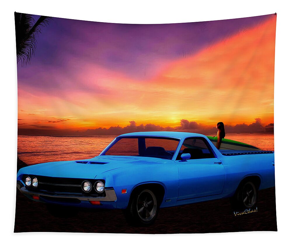 1970 Ranchero Dominican Beach Sunrise Tapestry featuring the photograph 1970 Ranchero Dominican Beach Sunrise by Chas Sinklier
