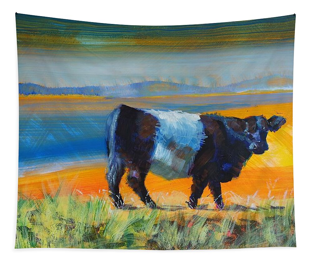 Belted Tapestry featuring the painting Belted Galloway Cow on beach by Mike Jory