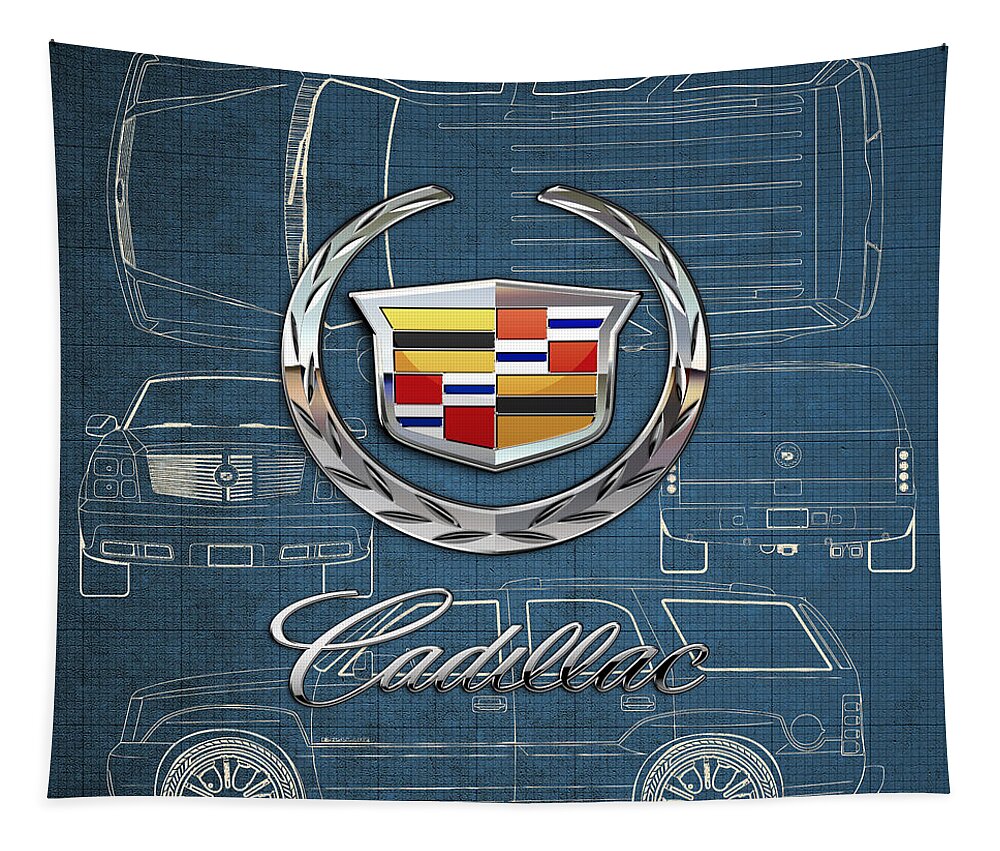 'wheels Of Fortune' By Serge Averbukh Tapestry featuring the photograph Cadillac 3 D Badge over Cadillac Escalade Blueprint by Serge Averbukh