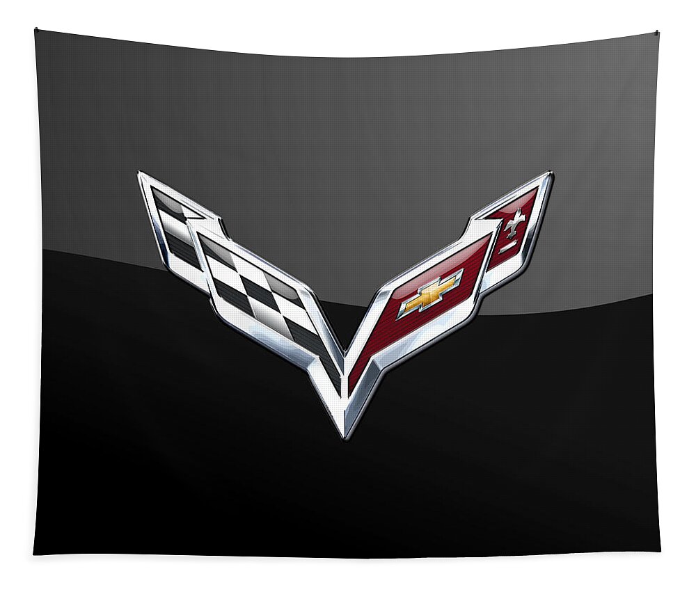 �wheels Of Fortune� Collection By Serge Averbukh Tapestry featuring the photograph Chevrolet Corvette 3D Badge on Black by Serge Averbukh