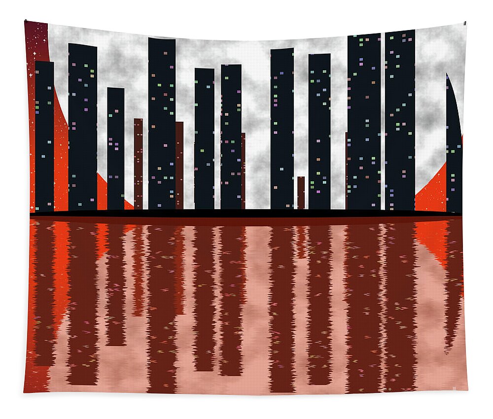 City Tapestry featuring the digital art City skyline at full moon by Michal Boubin