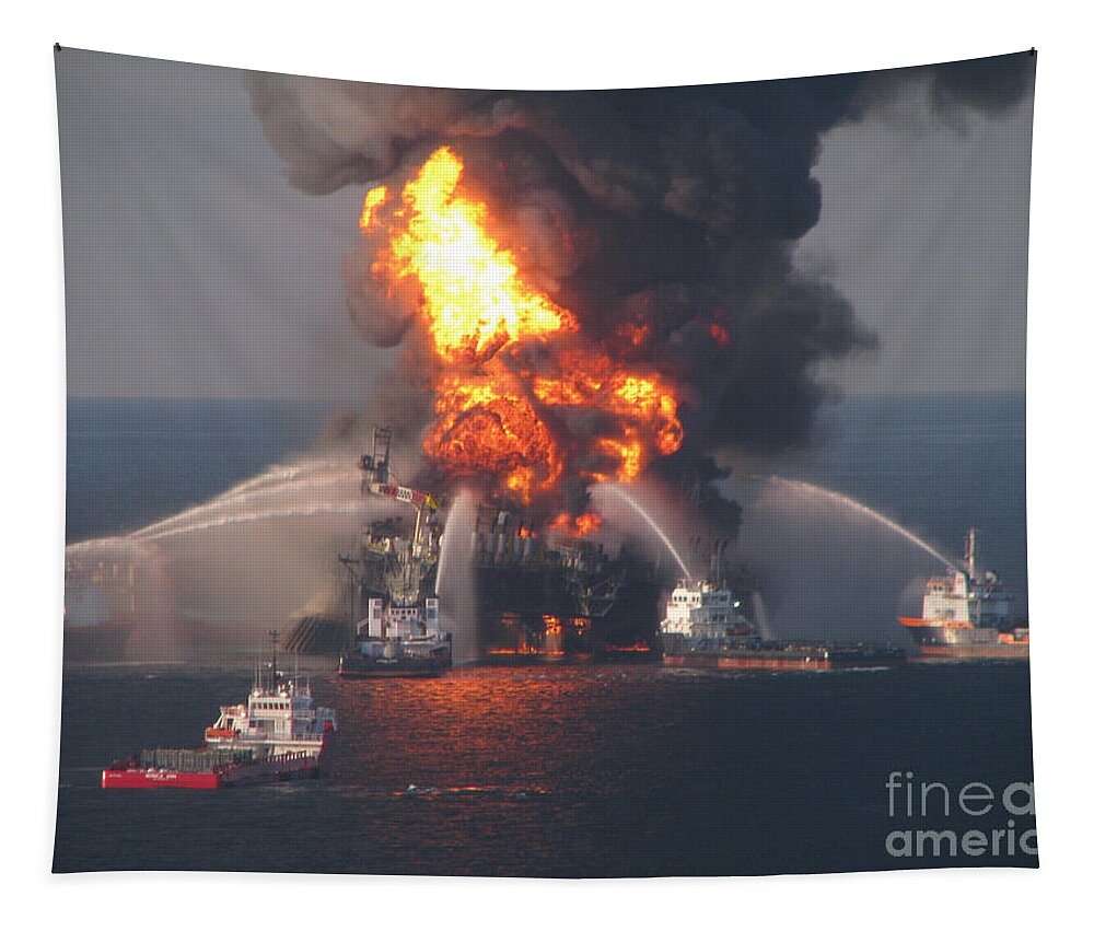 Oil Spill Tapestry featuring the photograph Deepwater Horizon Fire, April 21, 2010 #2 by Science Source