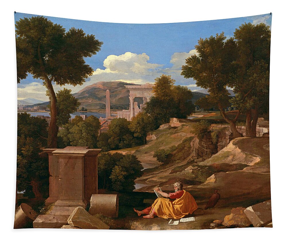 Nicolas Poussin Tapestry featuring the painting Landscape with Saint John on Patmos #2 by Nicolas Poussin