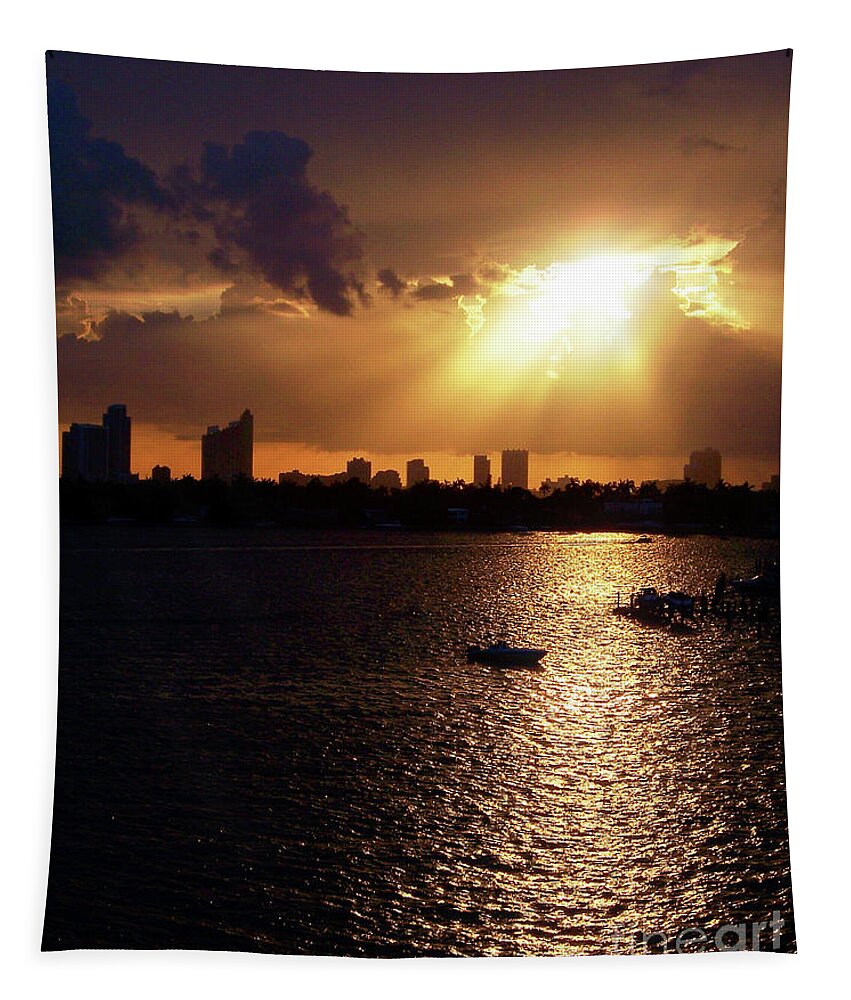 Miami Tapestry featuring the photograph Sunset Over Miami by Phil Perkins