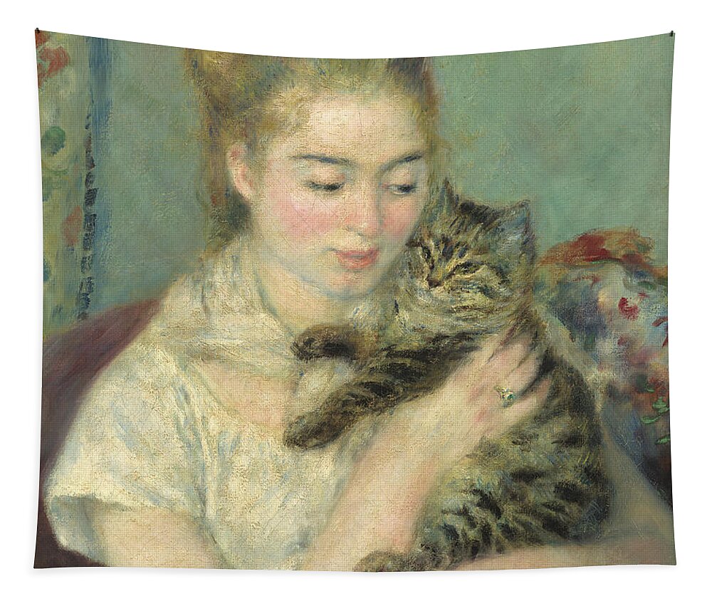 Auguste Renoir Tapestry featuring the painting Woman With A Cat #2 by Auguste Renoir