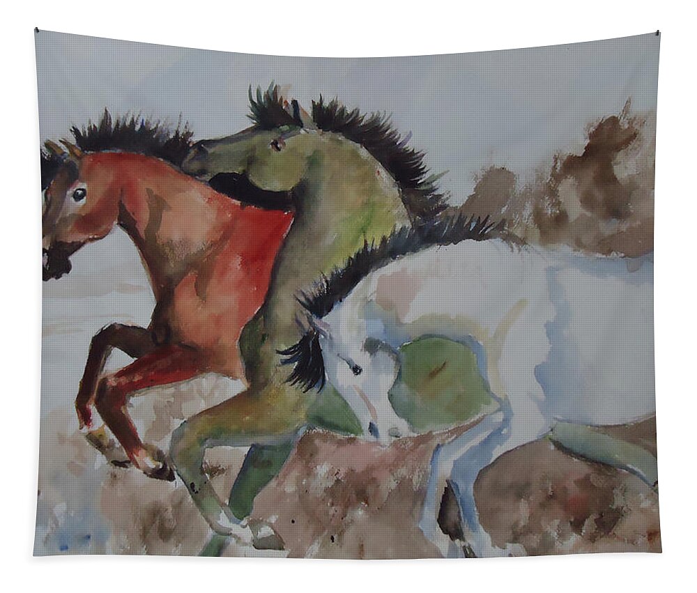 Horses Of A Different Color Tapestry featuring the painting 3 Amigos by Charme Curtin