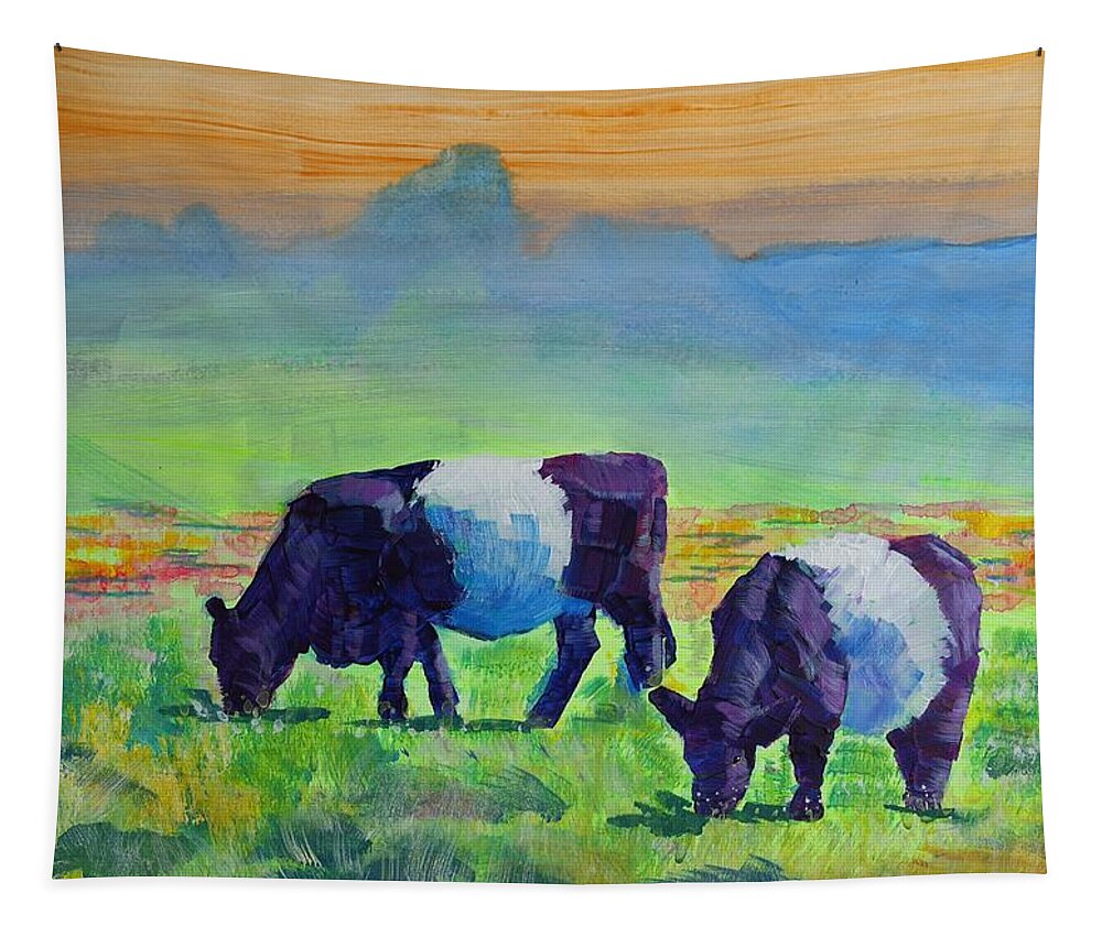 Belted Galloway Cow Tapestry featuring the painting Belted Galloway Cows Under Orange Sky by Mike Jory