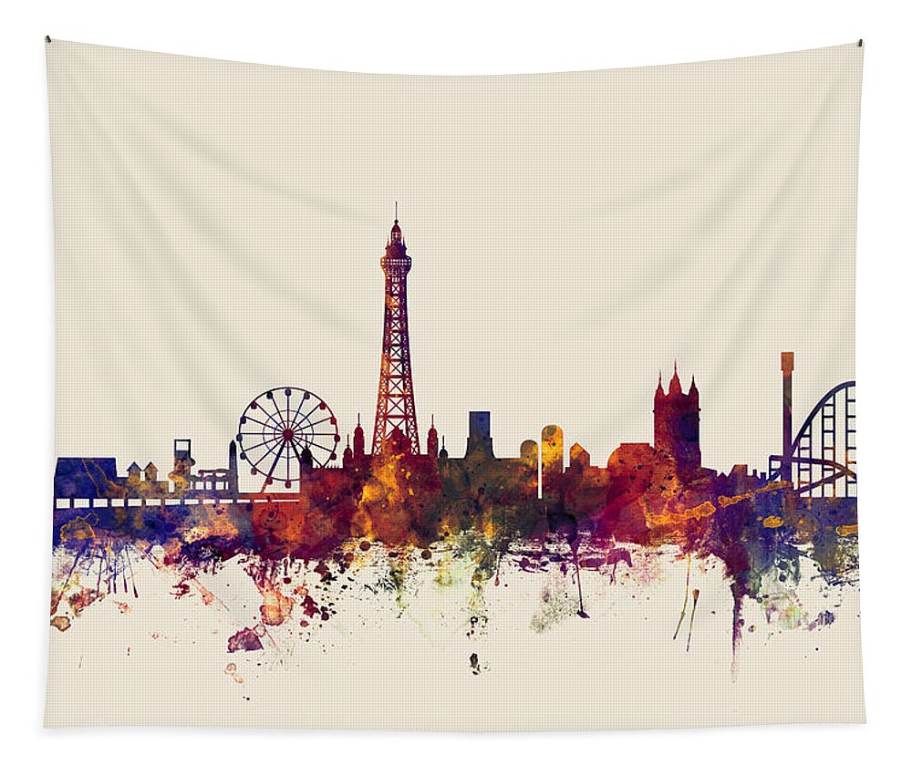 City Tapestry featuring the digital art Blackpool England Skyline #3 by Michael Tompsett