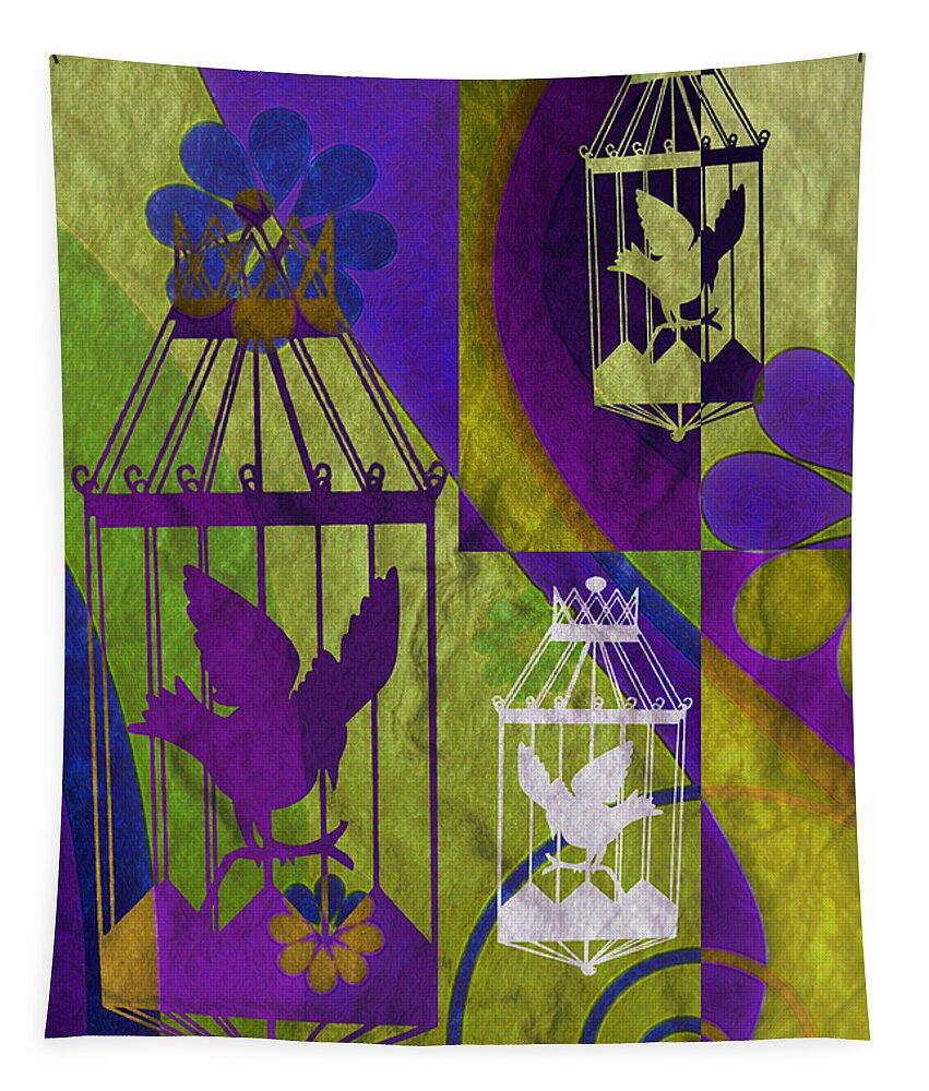 Silhouette Tapestry featuring the mixed media 3 Caged Birds by Angelina Tamez