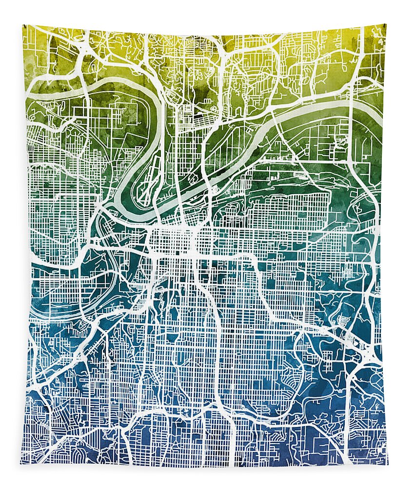 Kansas City Tapestry featuring the digital art Kansas City Missouri City Map #3 by Michael Tompsett