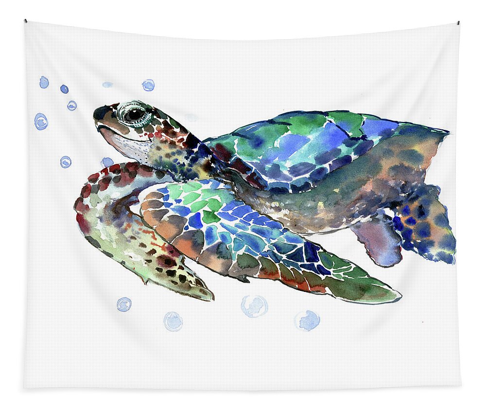 Sea Turtle Tapestry featuring the painting Sea Turtle #3 by Suren Nersisyan