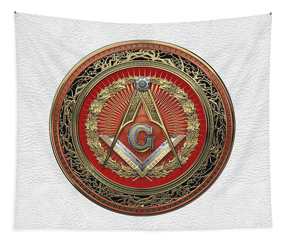 Ancient Brotherhoods Collection By Serge Averbukh Tapestry featuring the digital art 3rd Degree Mason Gold Jewel - Master Mason Square and Compasses over White Leather by Serge Averbukh