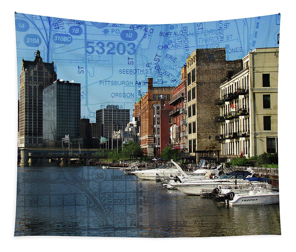 Milwaukee Tapestry featuring the photograph 3rd Ward River and Boats w Map by Anita Burgermeister