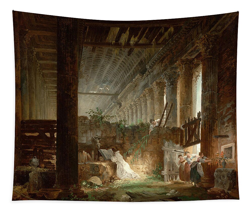 Hubert Robert Tapestry featuring the painting A Hermit Praying in the Ruins of a Roman Temple by Hubert Robert