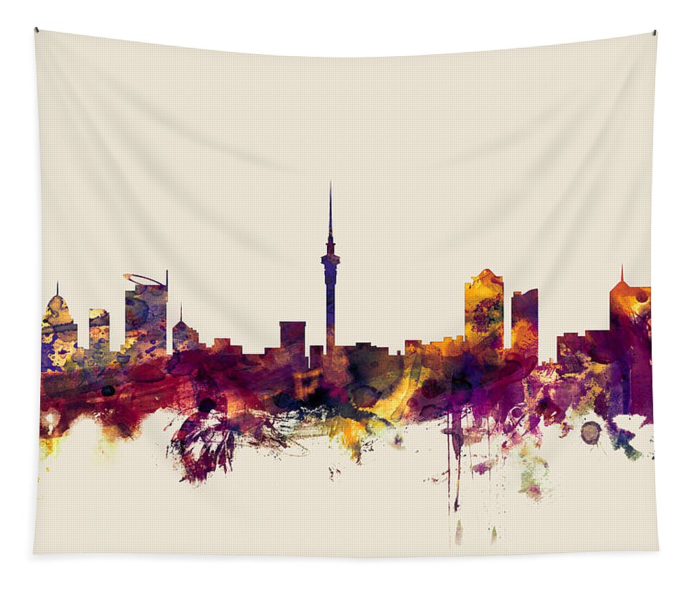 City Skyline Tapestry featuring the digital art Auckland New Zealand Skyline #4 by Michael Tompsett