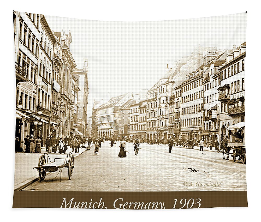 Munich Tapestry featuring the photograph Munich, Germany, Street Scene, 1903, Vintage Photograph #2 by A Macarthur Gurmankin