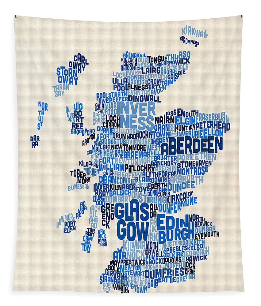 Map Art Tapestry featuring the digital art Scotland Typography Text Map #4 by Michael Tompsett