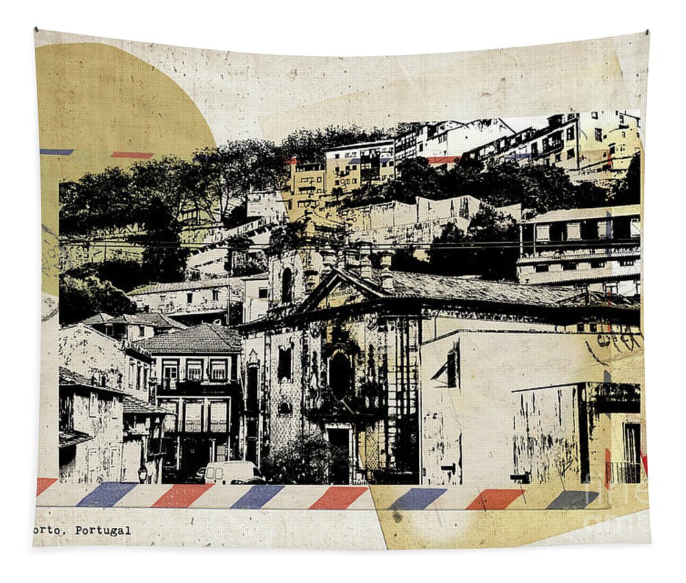 Porto Tapestry featuring the digital art stylish retro postcard of Porto #3 by Ariadna De Raadt