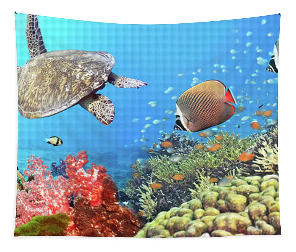 Butterflyfish Tapestry featuring the photograph Underwater panorama by MotHaiBaPhoto Prints