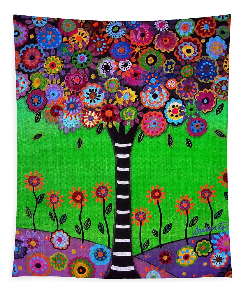 Tree Of Hope Life Pristine Flowers Trees Blooms Prisarts Mexican Original Painting Happy Fall Autumn Summer Birthday Gift Bar Bat Mitzvah Congratulations Baby Room Nursery Home Design Cartera Turkus Tapestry featuring the painting Tree Of Life #41 by Pristine Cartera Turkus