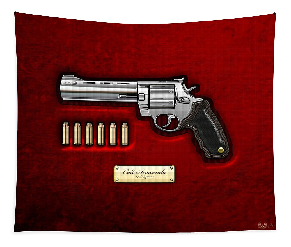 The Armory By Serge Averbukh Tapestry featuring the photograph .44 Magnum Colt Anaconda on Red Velvet #44 by Serge Averbukh