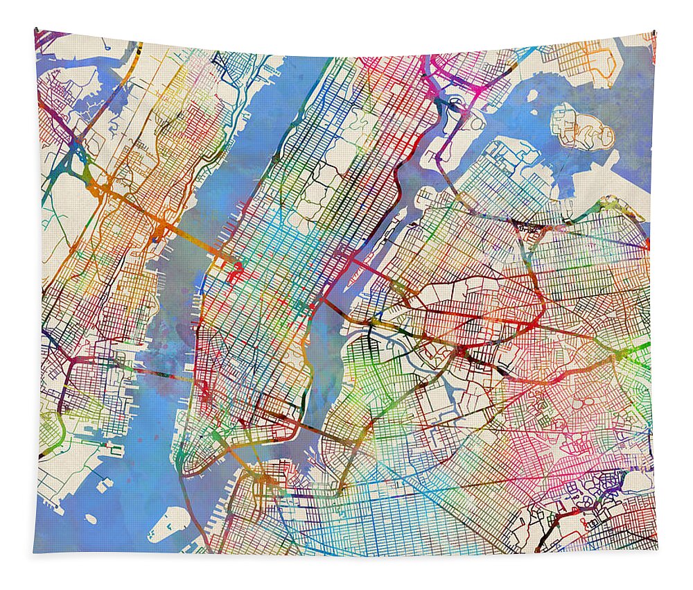 New York Tapestry featuring the digital art New York City Street Map by Michael Tompsett