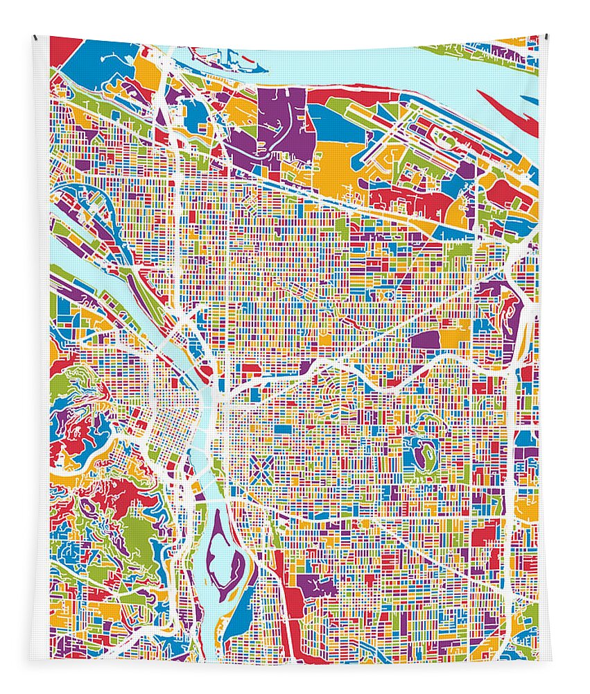Portland Tapestry featuring the digital art Portland Oregon City Map #5 by Michael Tompsett