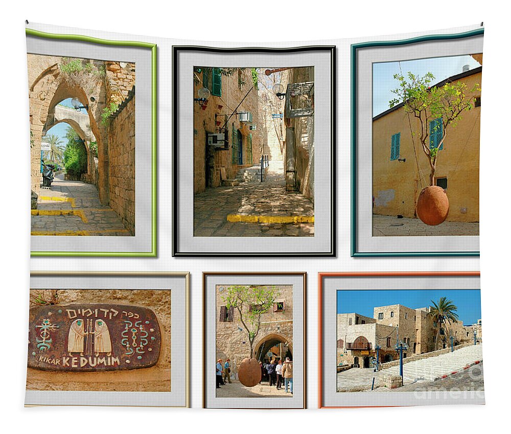 Old Tapestry featuring the photograph 6 image Collage of Jaffa, Israel by Tomi Junger