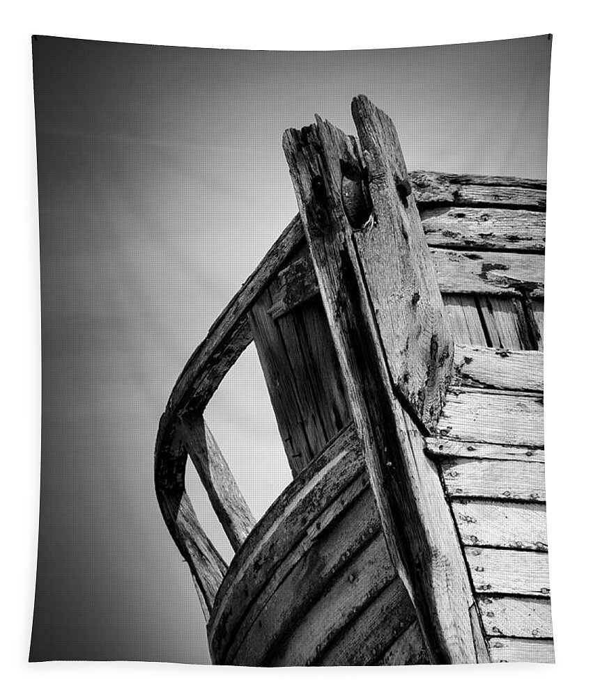 Dungeness Tapestry featuring the photograph Old Abandoned Boat Portrait BW by Rick Deacon