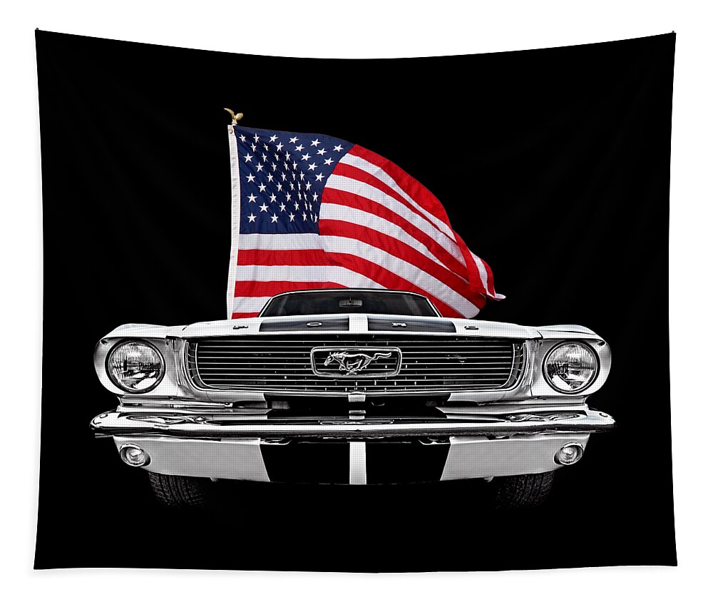 Ford Mustang Tapestry featuring the photograph 66 Mustang With U.S. Flag On Black by Gill Billington
