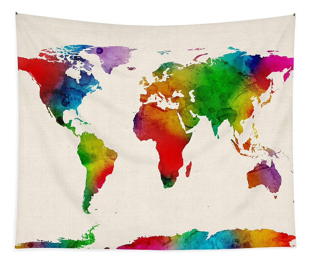 World Map Tapestry featuring the digital art Watercolor Map of the World Map #8 by Michael Tompsett