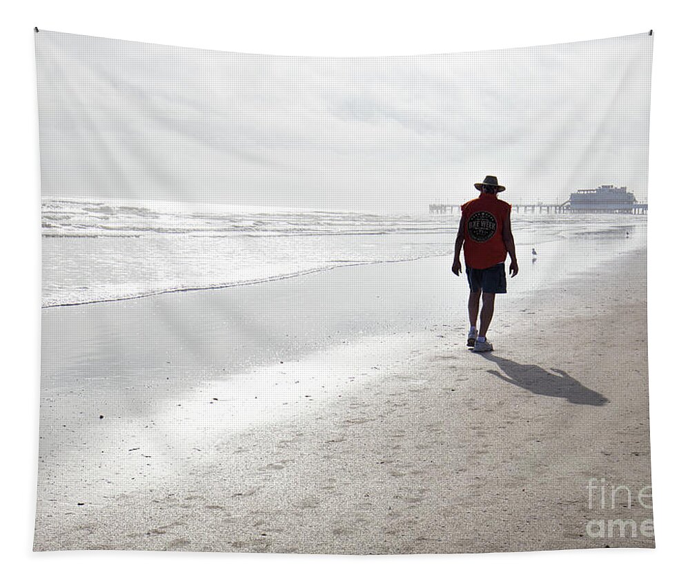 A Beach Walker And His Shadow Tapestry featuring the photograph A Beach Walker And His Shadow by Felix Lai